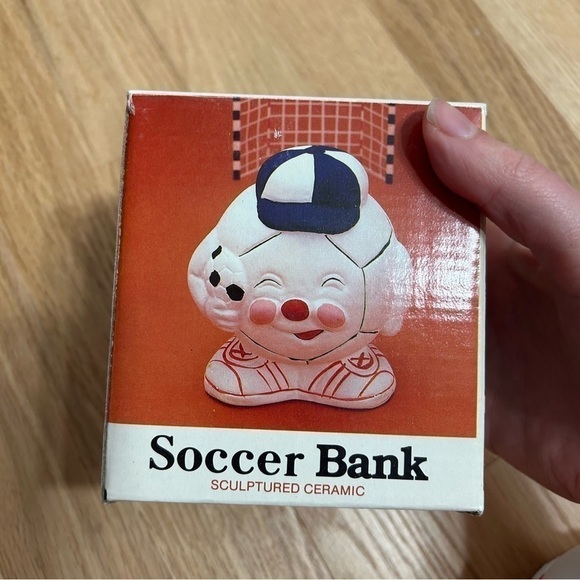 Vintage Soccer Ball Bank Ceramic Astra 1987 Sock it To Em Novelty Blue White - Picture 5 of 7
